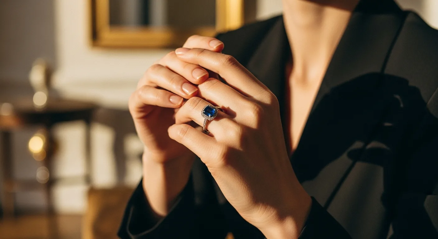 Femme élégante portant une bague en saphir bleu